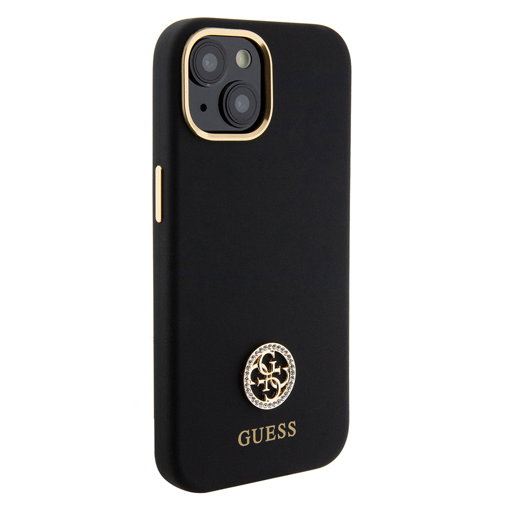Apple iPhone 13/15 Kılıf Guess Yazı ve Taşlı 4G Logolu Metal kamera Çerçeveli Silikon Kapak Siyah