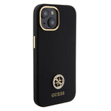 Apple iPhone 15 Kılıf Guess Yazı ve Taşlı 4G Logolu Metal kamera Çerçeveli Silikon Kapak Siyah