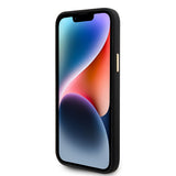 Apple iPhone 15 Kılıf Guess Yazı ve Taşlı 4G Logolu Metal kamera Çerçeveli Silikon Kapak Siyah