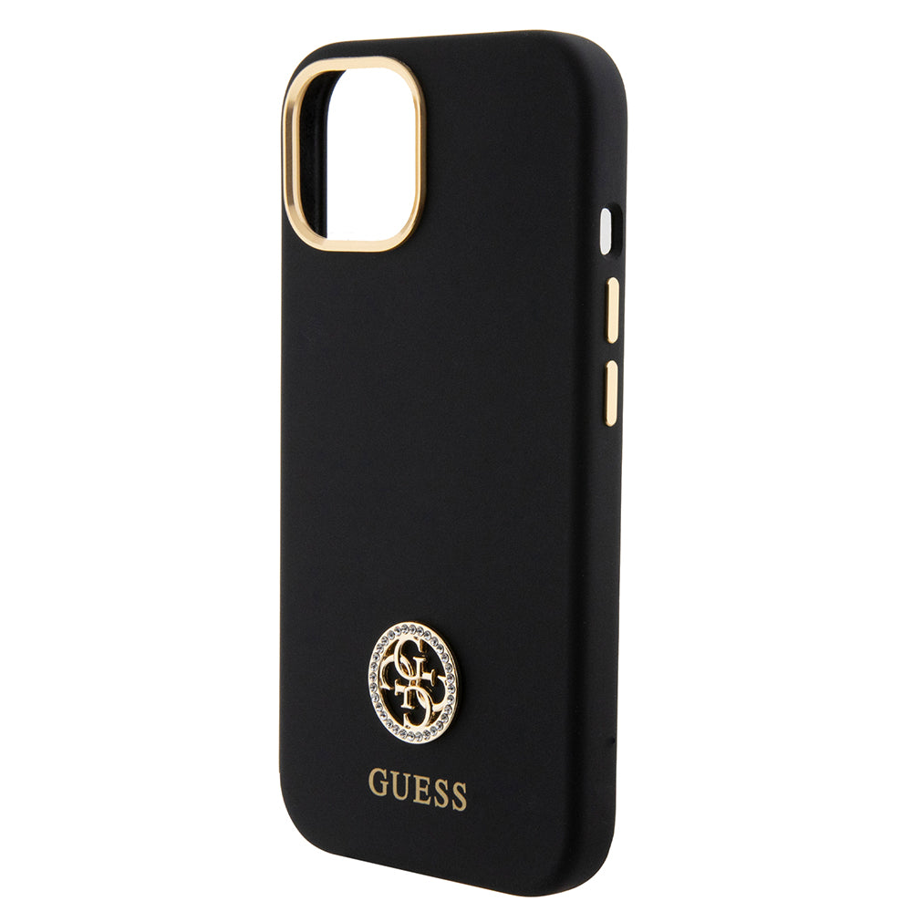 Apple iPhone 13/15 Kılıf Guess Yazı ve Taşlı 4G Logolu Metal kamera Çerçeveli Silikon Kapak Siyah