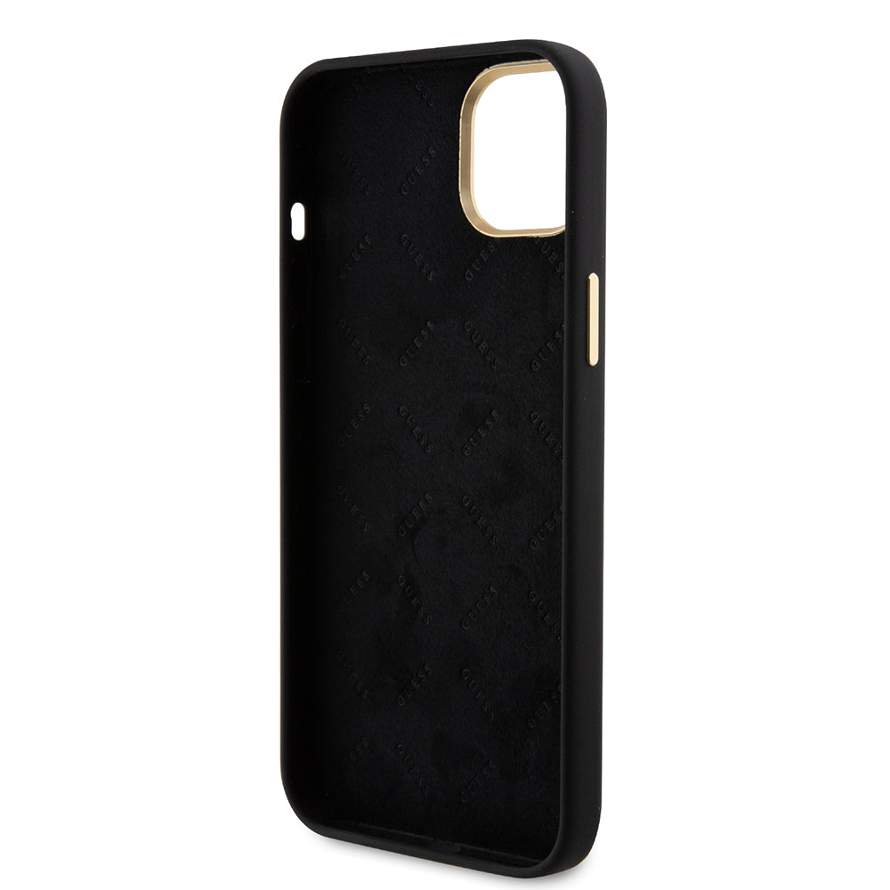 Apple iPhone 13/15 Kılıf Guess Yazı ve Taşlı 4G Logolu Metal kamera Çerçeveli Silikon Kapak Siyah