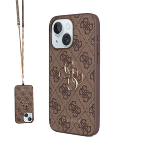 Apple iPhone 15 Plus Kılıf Guess 4G Büyük Metal Logolu Askılı Kapak Kahverengi