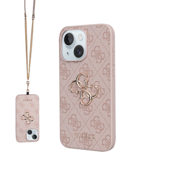 Apple iPhone 15 Plus Kılıf Guess 4G Büyük Metal Logolu Askılı Kapak Pembe