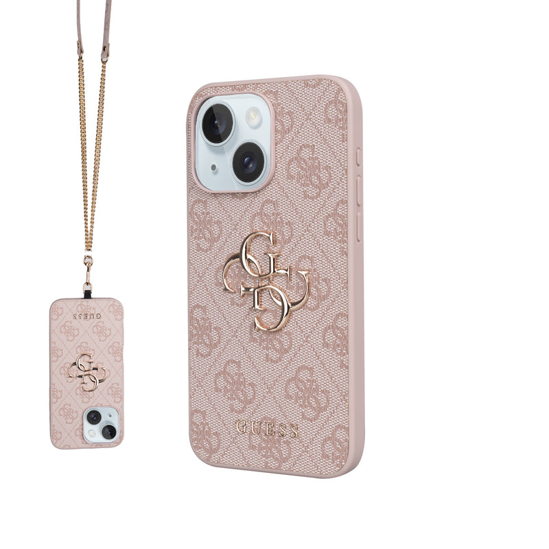 Apple iPhone 15 Plus Kılıf Guess 4G Büyük Metal Logolu Askılı Kapak Pembe