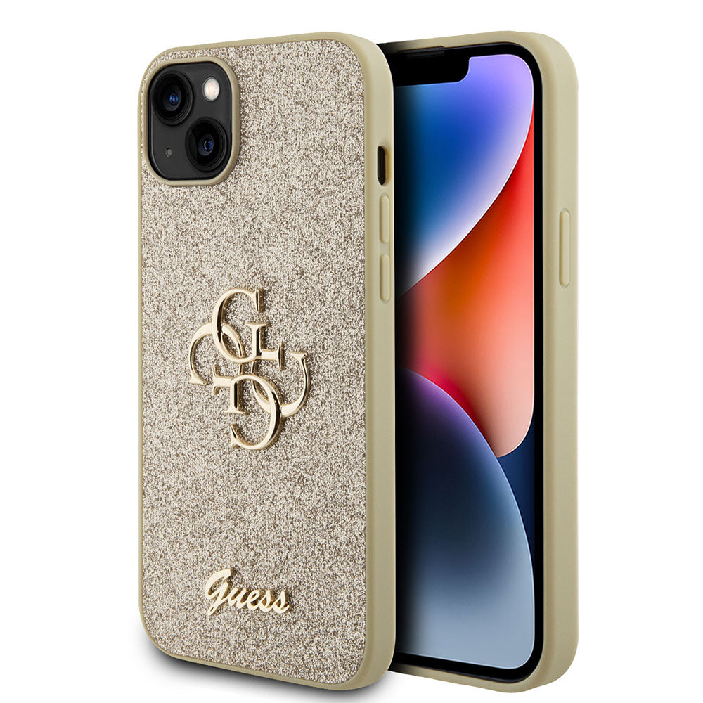 Apple iPhone 15 Plus Kılıf Guess 4G Büyük Metal Logolu Glitter Kapak Gold