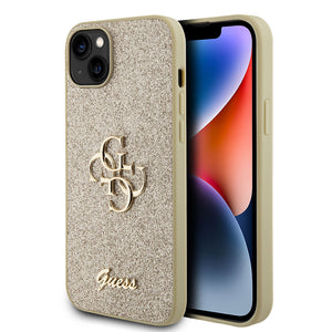 Apple iPhone 15 Plus Kılıf Guess 4G Büyük Metal Logolu Glitter Kapak Gold