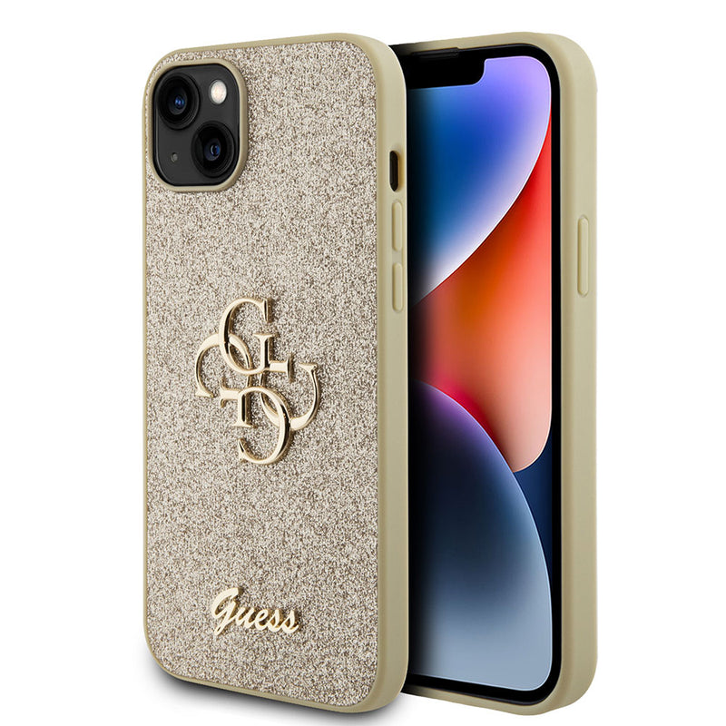 Apple iPhone 15 Plus Kılıf Guess 4G Büyük Metal Logolu Glitter Kapak Gold