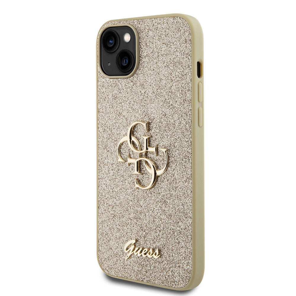 Apple iPhone 15 Plus Kılıf Guess 4G Büyük Metal Logolu Glitter Kapak Gold