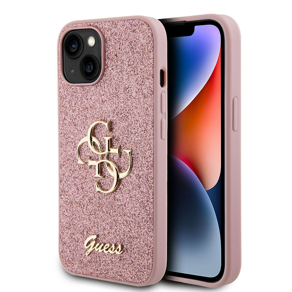 Apple iPhone 15 Plus Kılıf Guess 4G Büyük Metal Logolu Glitter Kapak Pembe