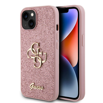 Apple iPhone 15 Plus Kılıf Guess 4G Büyük Metal Logolu Glitter Kapak Pembe