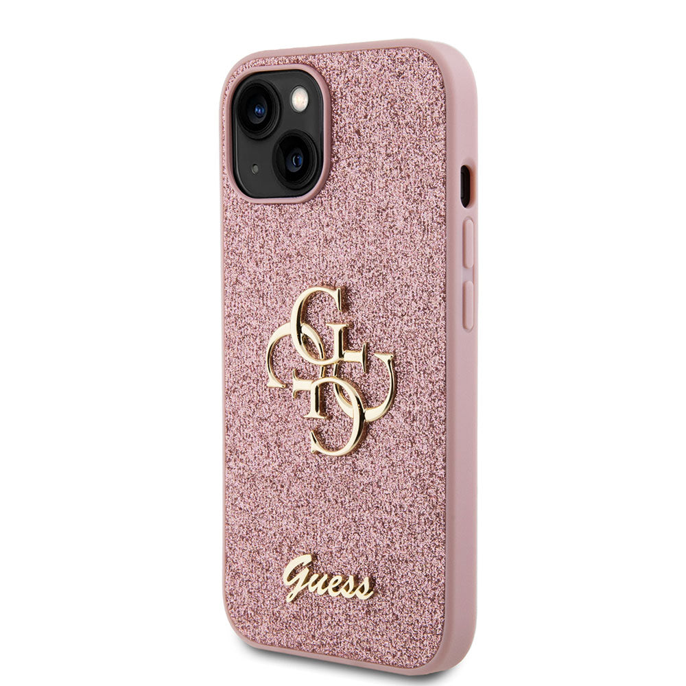 Apple iPhone 15 Plus Kılıf Guess 4G Büyük Metal Logolu Glitter Kapak Pembe