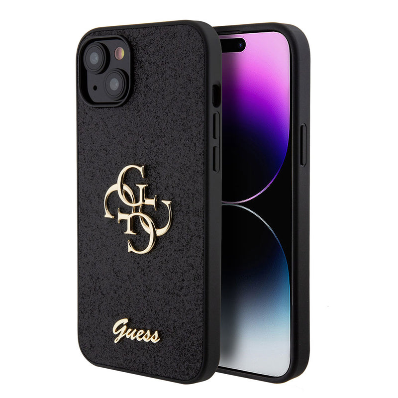 Apple iPhone 15 Plus Kılıf Guess 4G Büyük Metal Logolu Glitter Kapak Siyah