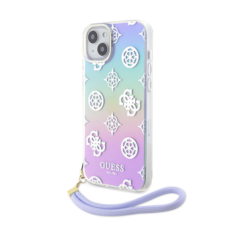 Apple iPhone 15 Kılıf Guess Askı İpli Holografik Glitter Peony Kapak Mor