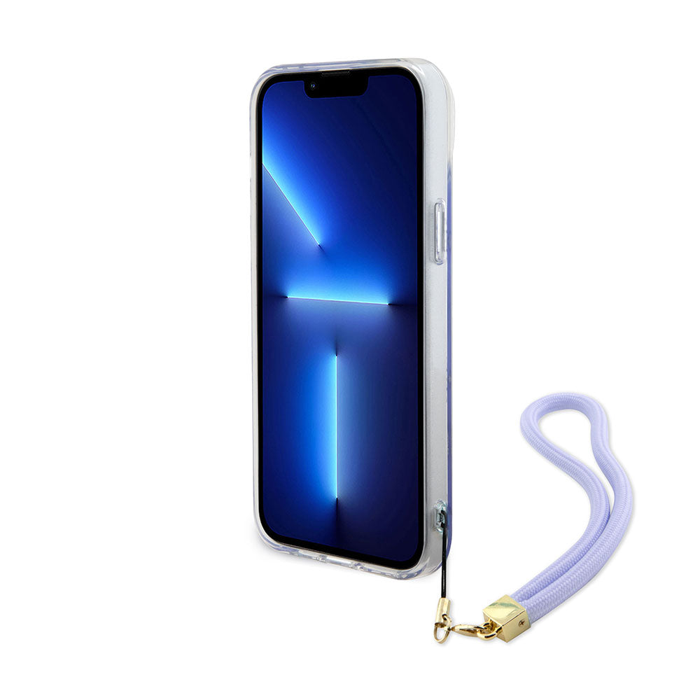 Apple iPhone 15 Plus Kılıf Guess Askı İpli Holografik Glitter Peony Kapak Mor