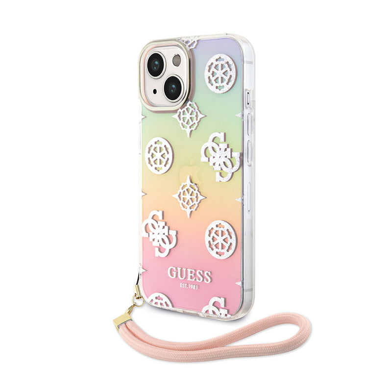 Apple iPhone 15 Kılıf Guess Askı İpli Holografik Glitter Peony Kapak Pembe