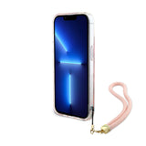 Apple iPhone 15 Kılıf Guess Askı İpli Holografik Glitter Peony Kapak Pembe