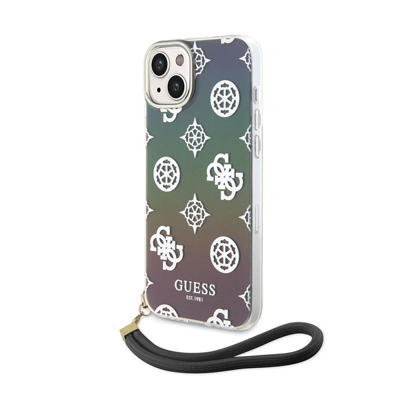 Apple iPhone 15 Kılıf Guess Askı İpli Holografik Glitter Peony Kapak Siyah