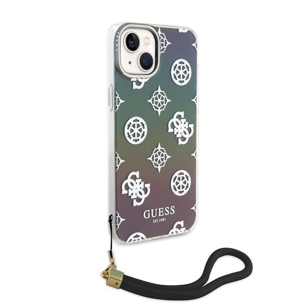 Apple iPhone 15 Plus Kılıf Guess Askı İpli Holografik Glitter Peony Kapak Siyah