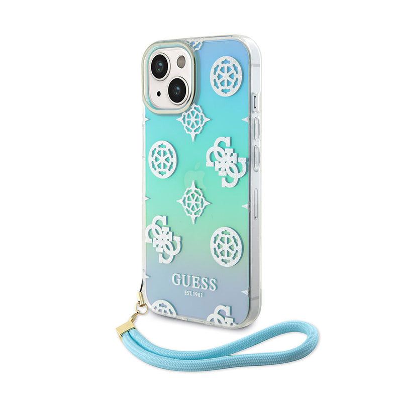 Apple iPhone 15 Plus Kılıf Guess Askı İpli Holografik Glitter Peony Kapak Turkuaz