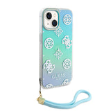 Apple iPhone 15 Plus Kılıf Guess Askı İpli Holografik Glitter Peony Kapak Turkuaz