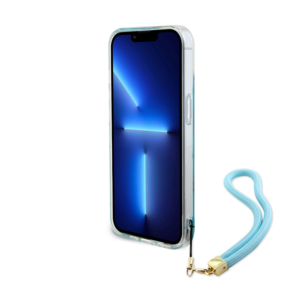 Apple iPhone 15 Plus Kılıf Guess Askı İpli Holografik Glitter Peony Kapak Turkuaz