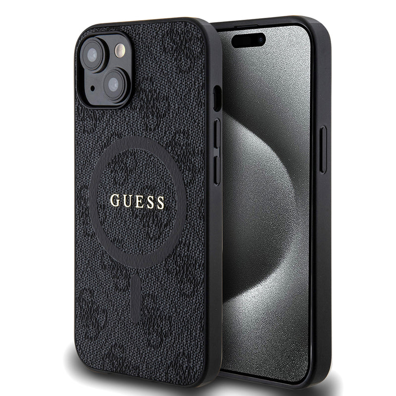 Apple iPhone 14 Kılıf Guess Magsafe Şarj Özellikli 4G Desenli Yazı Logolu Kapak Siyah