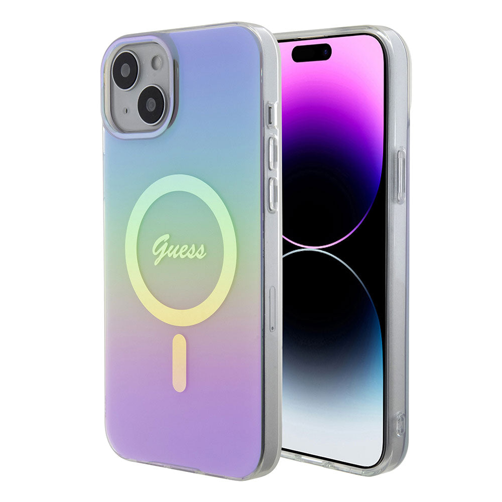 Apple iPhone 15 Plus Kılıf Guess Magsafe Şarj Özellikli Yazı Logolu Iridescent Kapak Mor