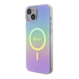 Apple iPhone 15 Kılıf Guess Magsafe Şarj Özellikli Yazı Logolu Iridescent Kapak Mor