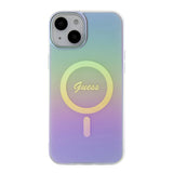 Apple iPhone 15 Kılıf Guess Magsafe Şarj Özellikli Yazı Logolu Iridescent Kapak Mor