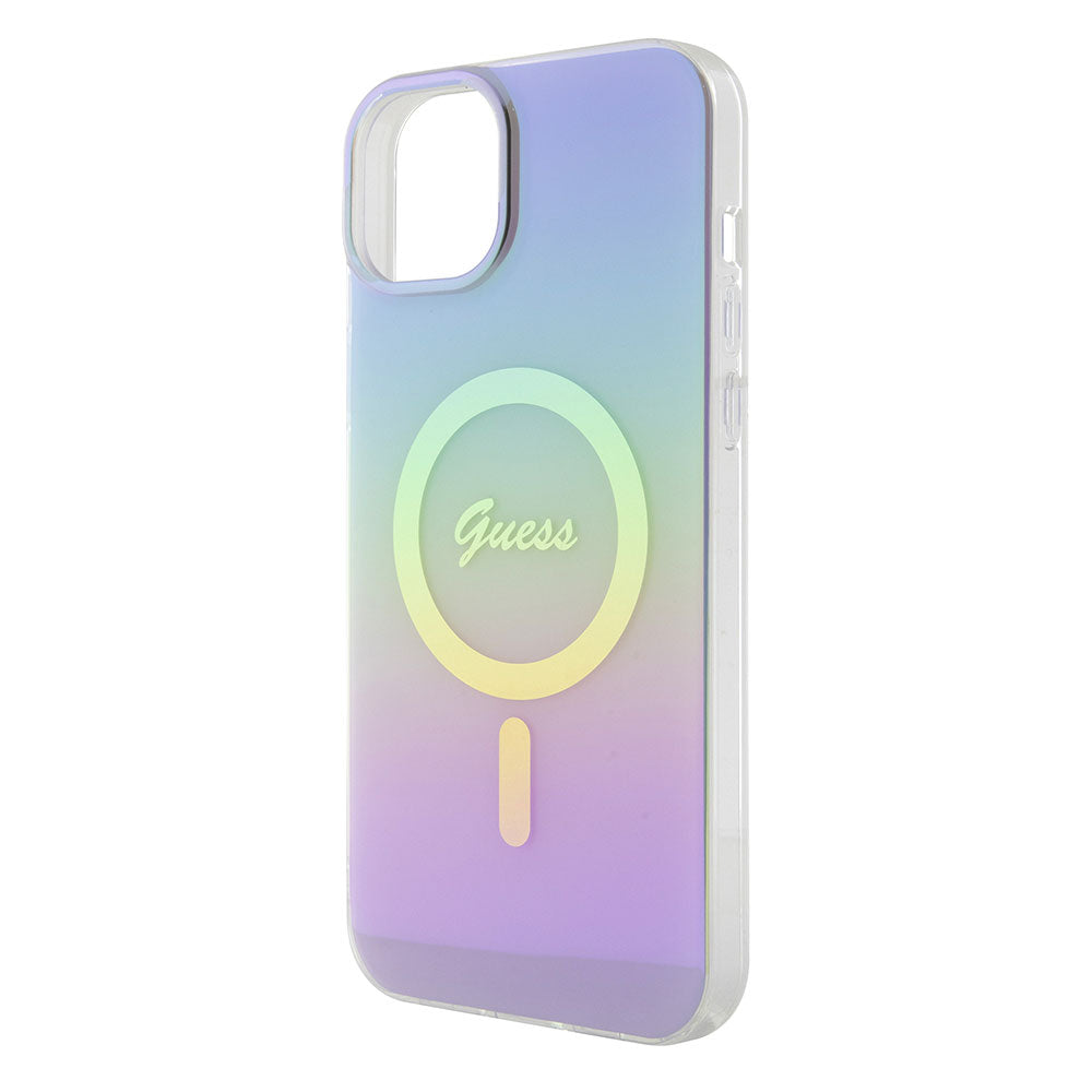 Apple iPhone 15 Plus Kılıf Guess Magsafe Şarj Özellikli Yazı Logolu Iridescent Kapak Mor