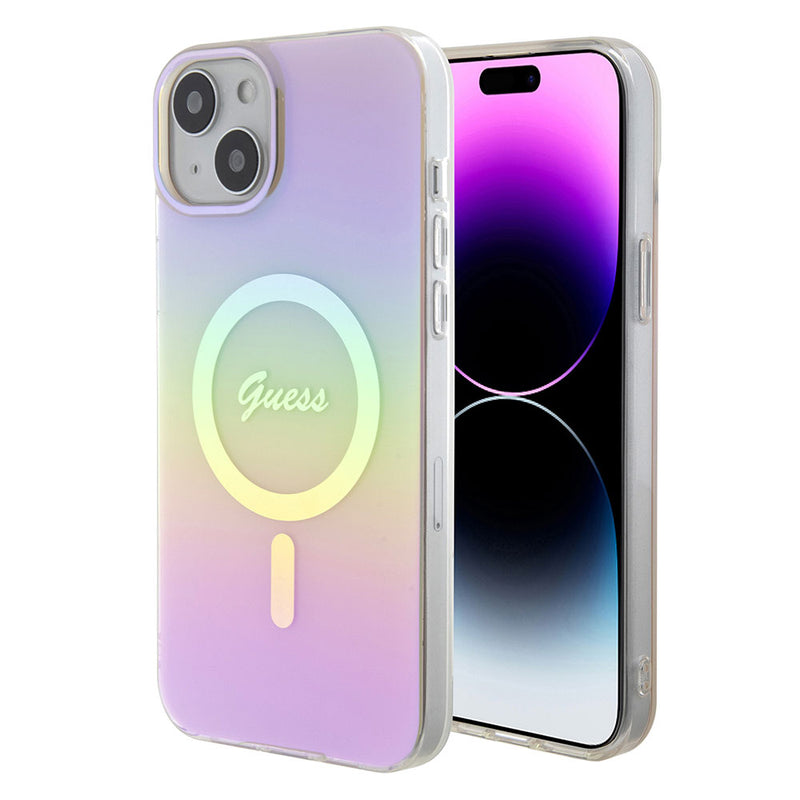 Apple iPhone 15 Kılıf Guess Magsafe Şarj Özellikli Yazı Logolu Iridescent Kapak Pembe