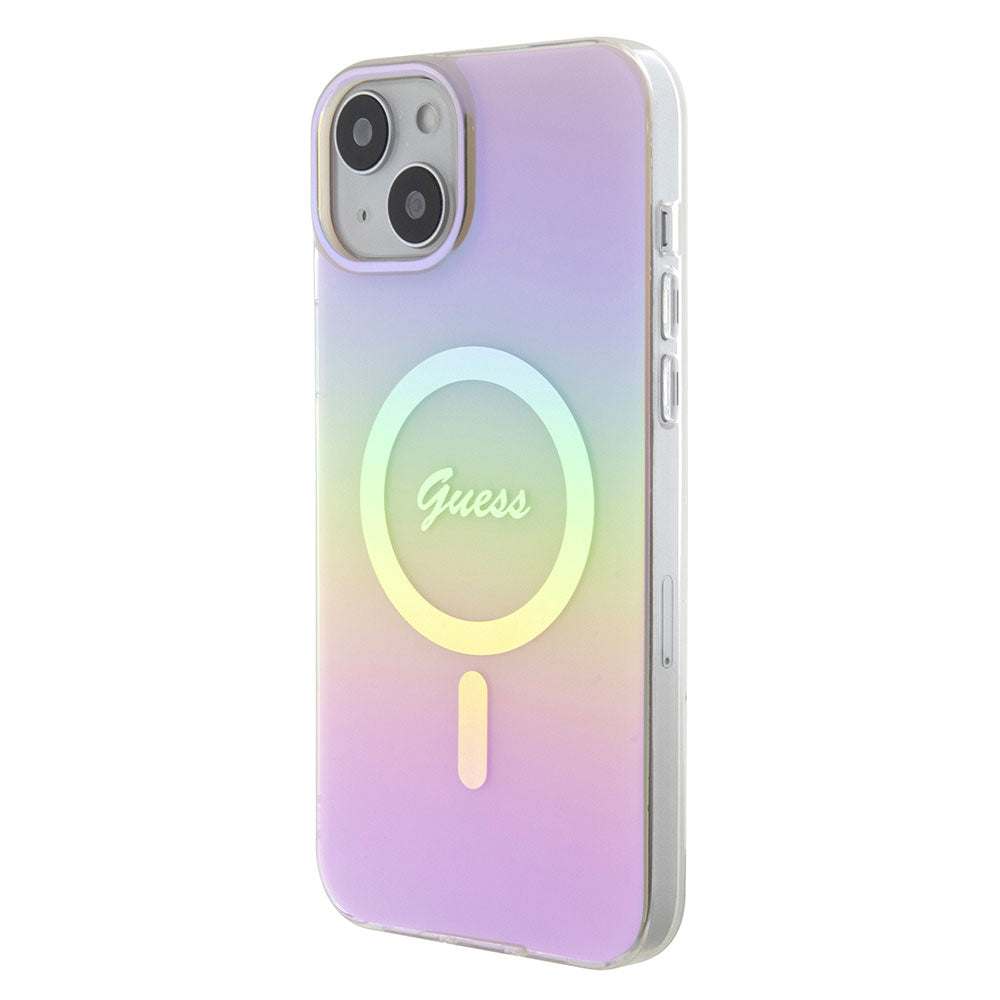 Apple iPhone 15 Plus Kılıf Guess Magsafe Şarj Özellikli Yazı Logolu Iridescent Kapak Pembe