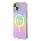 Apple iPhone 15 Kılıf Guess Magsafe Şarj Özellikli Yazı Logolu Iridescent Kapak Pembe