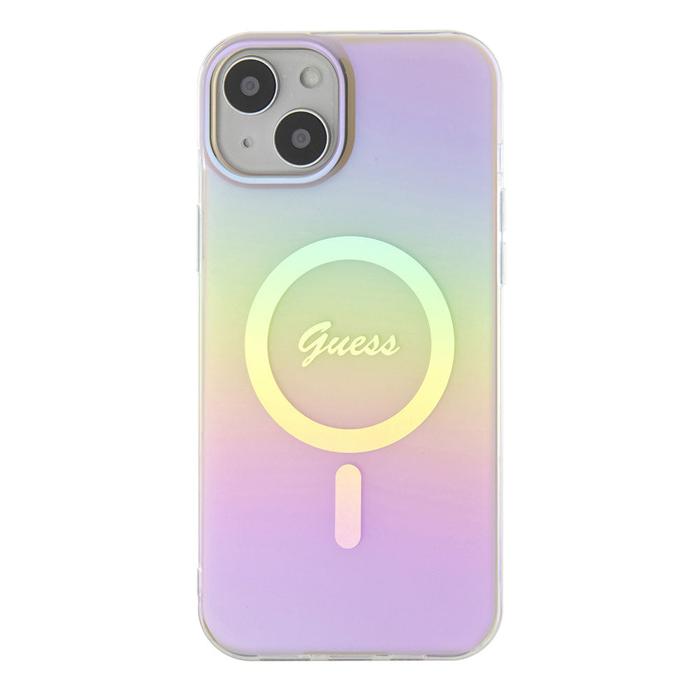 Apple iPhone 15 Plus Kılıf Guess Magsafe Şarj Özellikli Yazı Logolu Iridescent Kapak Pembe