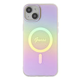 Apple iPhone 15 Kılıf Guess Magsafe Şarj Özellikli Yazı Logolu Iridescent Kapak Pembe