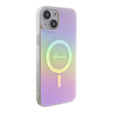 Apple iPhone 15 Kılıf Guess Magsafe Şarj Özellikli Yazı Logolu Iridescent Kapak Pembe