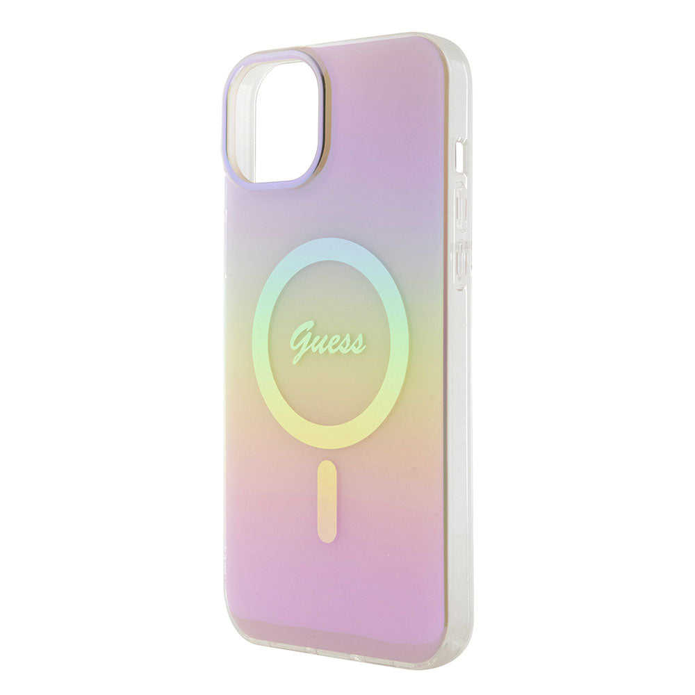 Apple iPhone 15 Plus Kılıf Guess Magsafe Şarj Özellikli Yazı Logolu Iridescent Kapak Pembe
