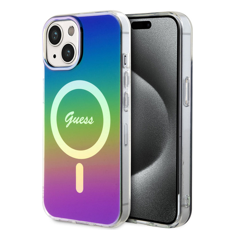 Apple iPhone 15 Kılıf Guess Magsafe Şarj Özellikli Yazı Logolu Iridescent Kapak Siyah