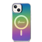 Apple iPhone 15 Kılıf Guess Magsafe Şarj Özellikli Yazı Logolu Iridescent Kapak Siyah