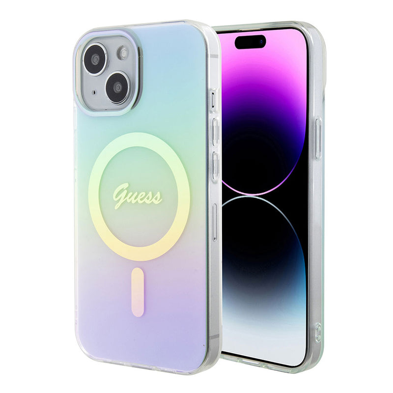 Apple iPhone 15 Kılıf Guess Magsafe Şarj Özellikli Yazı Logolu Iridescent Kapak Turkuaz