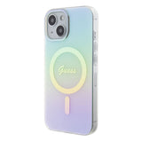 Apple iPhone 15 Kılıf Guess Magsafe Şarj Özellikli Yazı Logolu Iridescent Kapak Turkuaz