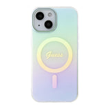Apple iPhone 15 Kılıf Guess Magsafe Şarj Özellikli Yazı Logolu Iridescent Kapak Turkuaz
