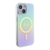 Apple iPhone 15 Kılıf Guess Magsafe Şarj Özellikli Yazı Logolu Iridescent Kapak Turkuaz