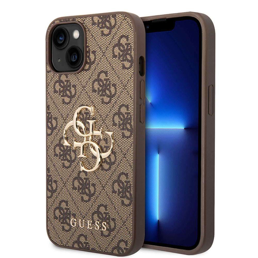 Apple iPhone 13/15 Kılıf Guess PU Deri 4G Metal Logolu Desenli Kapak Kahverengi