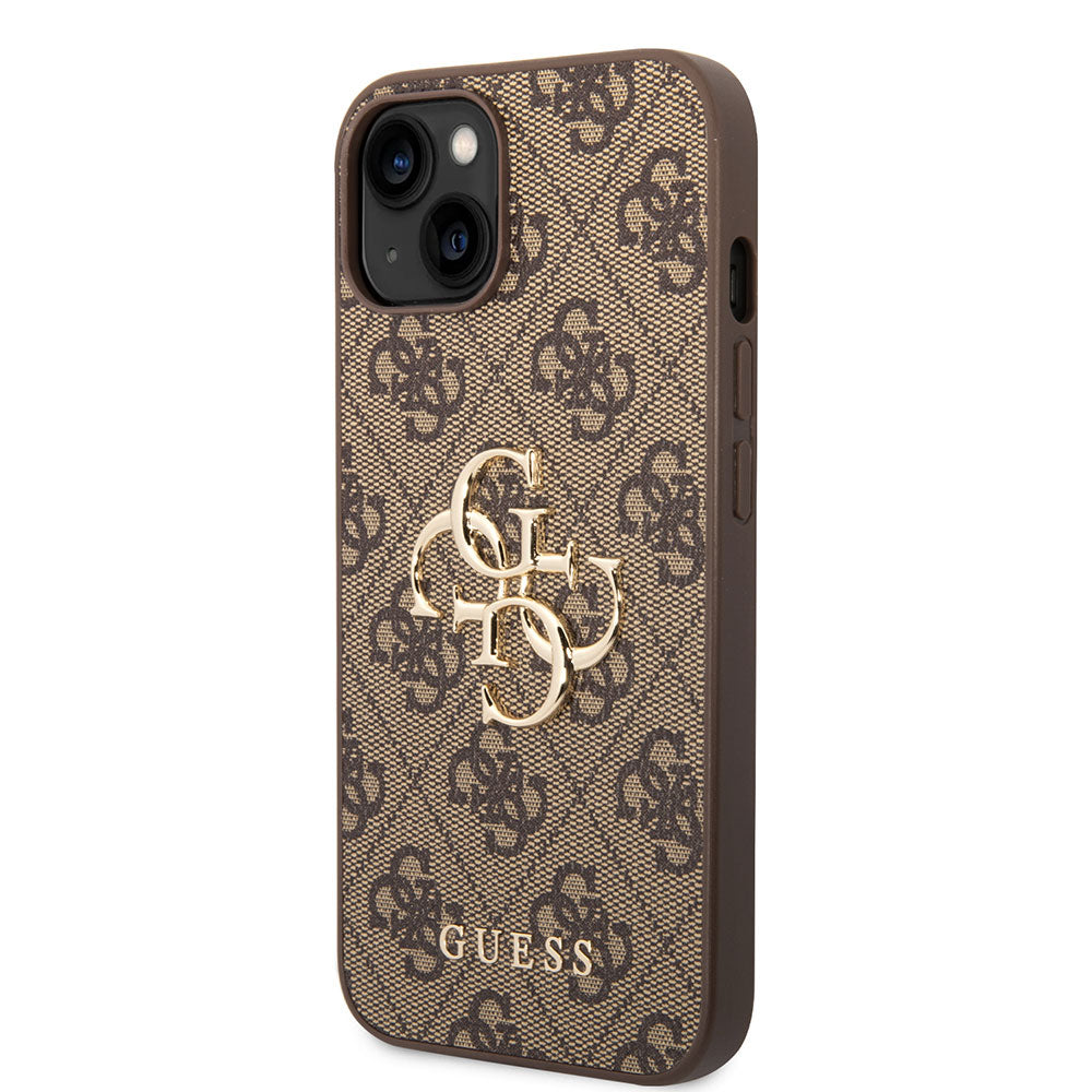 Apple iPhone 13/15 Kılıf Guess PU Deri 4G Metal Logolu Desenli Kapak Kahverengi
