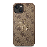 Apple iPhone 15 Kılıf Guess PU Deri 4G Metal Logolu Desenli Kapak Kahverengi