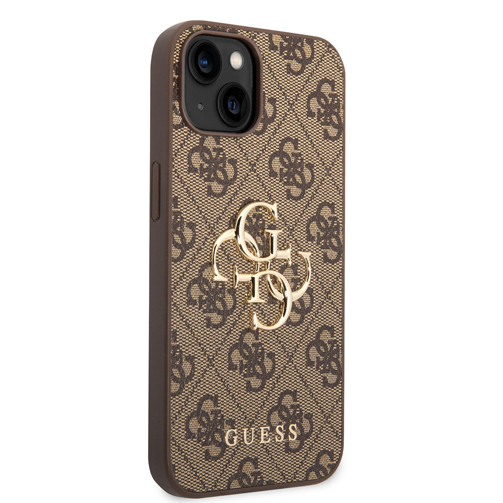 Apple iPhone 13/15 Kılıf Guess PU Deri 4G Metal Logolu Desenli Kapak Kahverengi