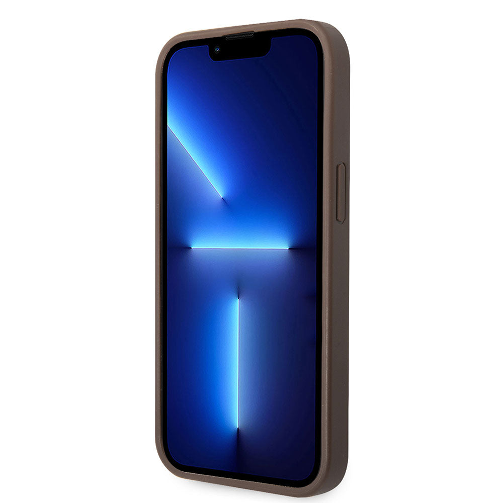 Apple iPhone 13/15 Kılıf Guess PU Deri 4G Metal Logolu Desenli Kapak Kahverengi