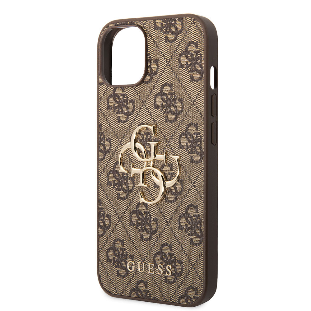Apple iPhone 13/15 Kılıf Guess PU Deri 4G Metal Logolu Desenli Kapak Kahverengi