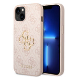 Apple iPhone 15 Kılıf Guess PU Deri 4G Metal Logolu Desenli Kapak Pembe